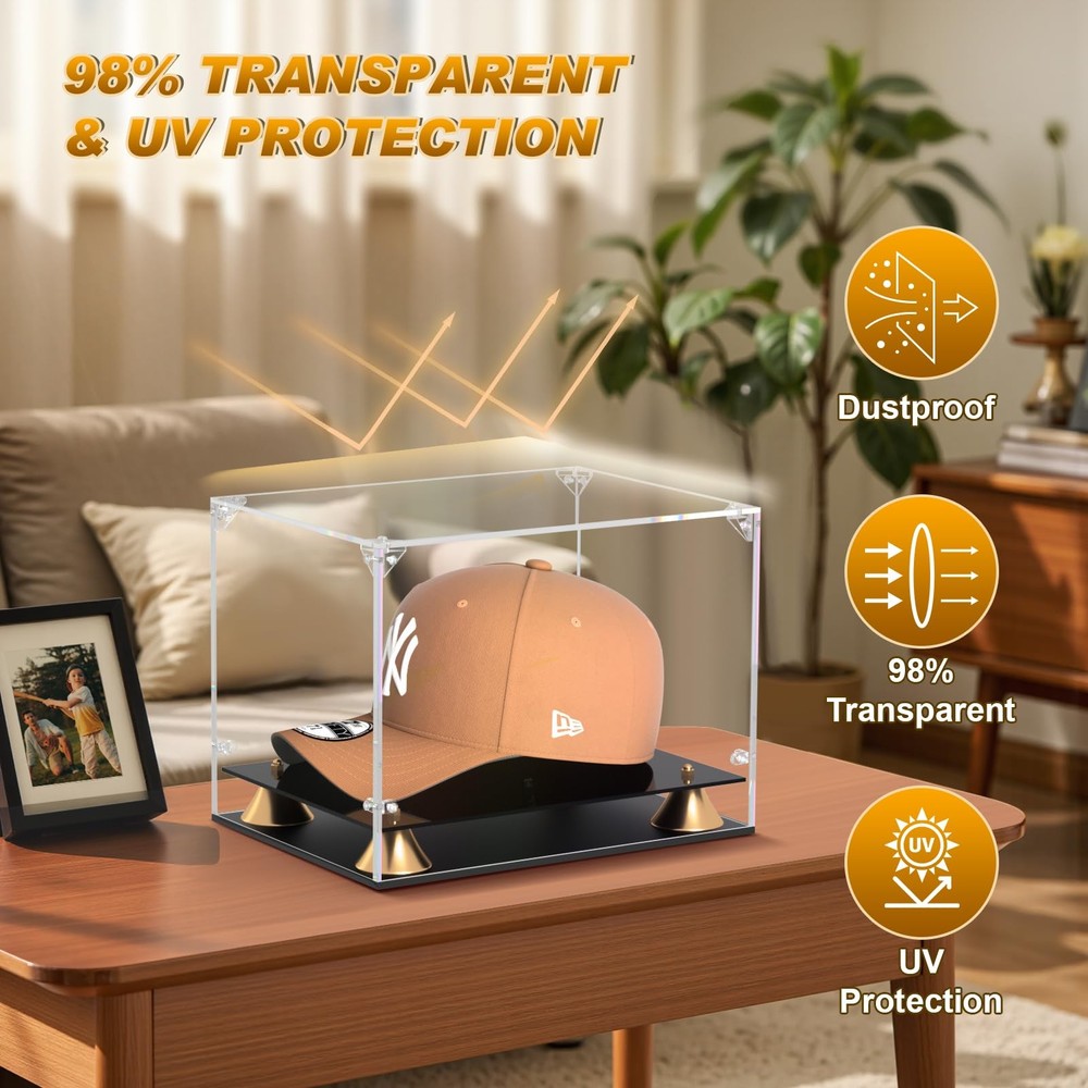 Hat Display Case, Clear Acrylic with Luxury Double-Layer Base | Perfect for