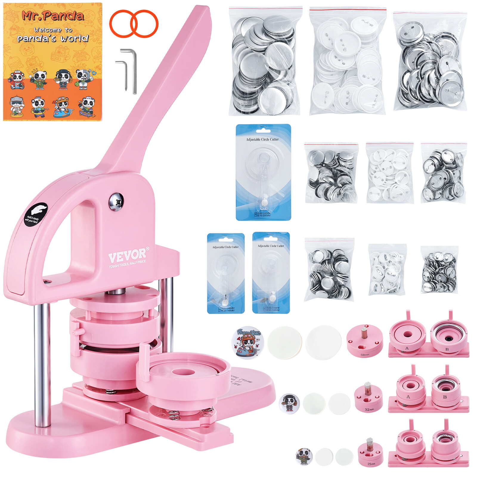 VEVOR Button Maker Machine Pin Badge Maker 1/1.25/2.28 inch 3-in-1 Pink for DIY