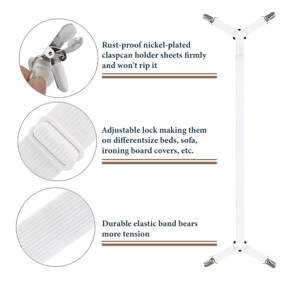 Sheet Straps for Bed, Durable Adjustable Fasteners, Metal Clips, 2PCS, White