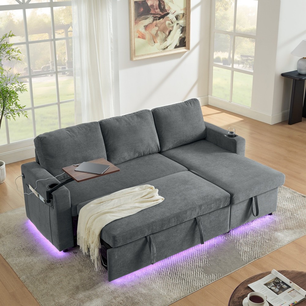 Convertible Sleeper Sofa Bed with Pull Out Bed & LED Lights & USB Charging Ports