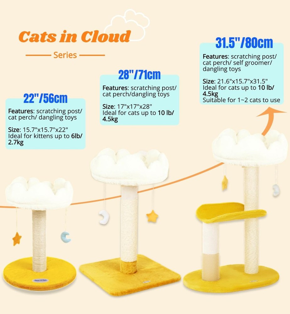 Happi N Pets Cloud Cat Tree, Cat Scratching Post with Bed, Small Cat Tree for...
