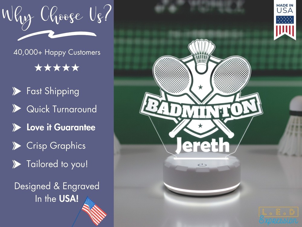 Personalized Badminton Crest Night Light - Custom LED Lamp Team Gift