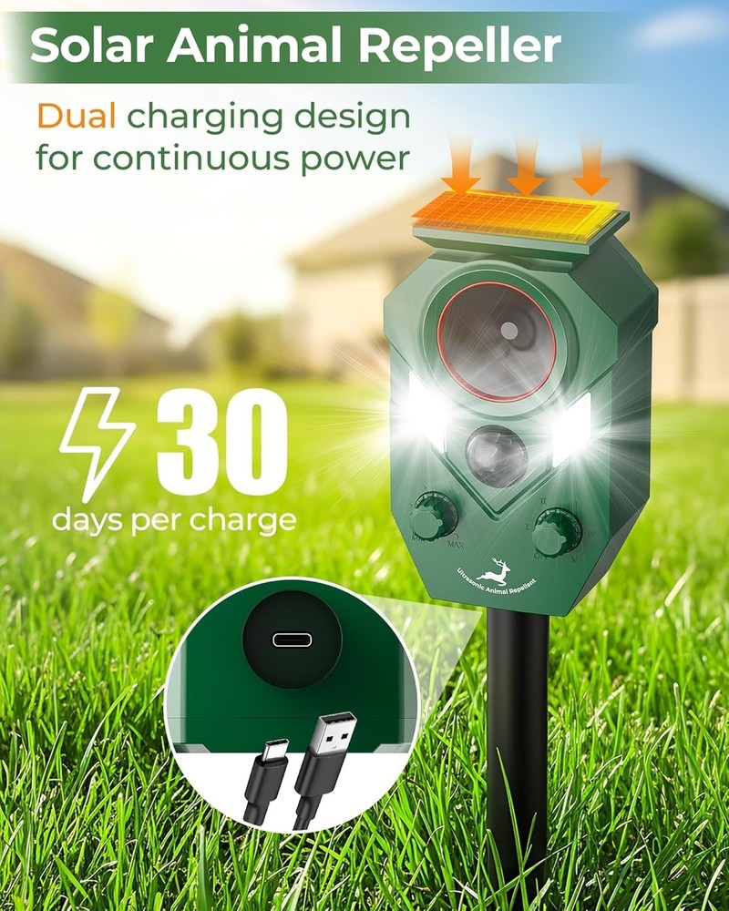 Humane Solar Deer Repellent - Ultrasonic Motion Sensor with Strobe Light, 4-Pack