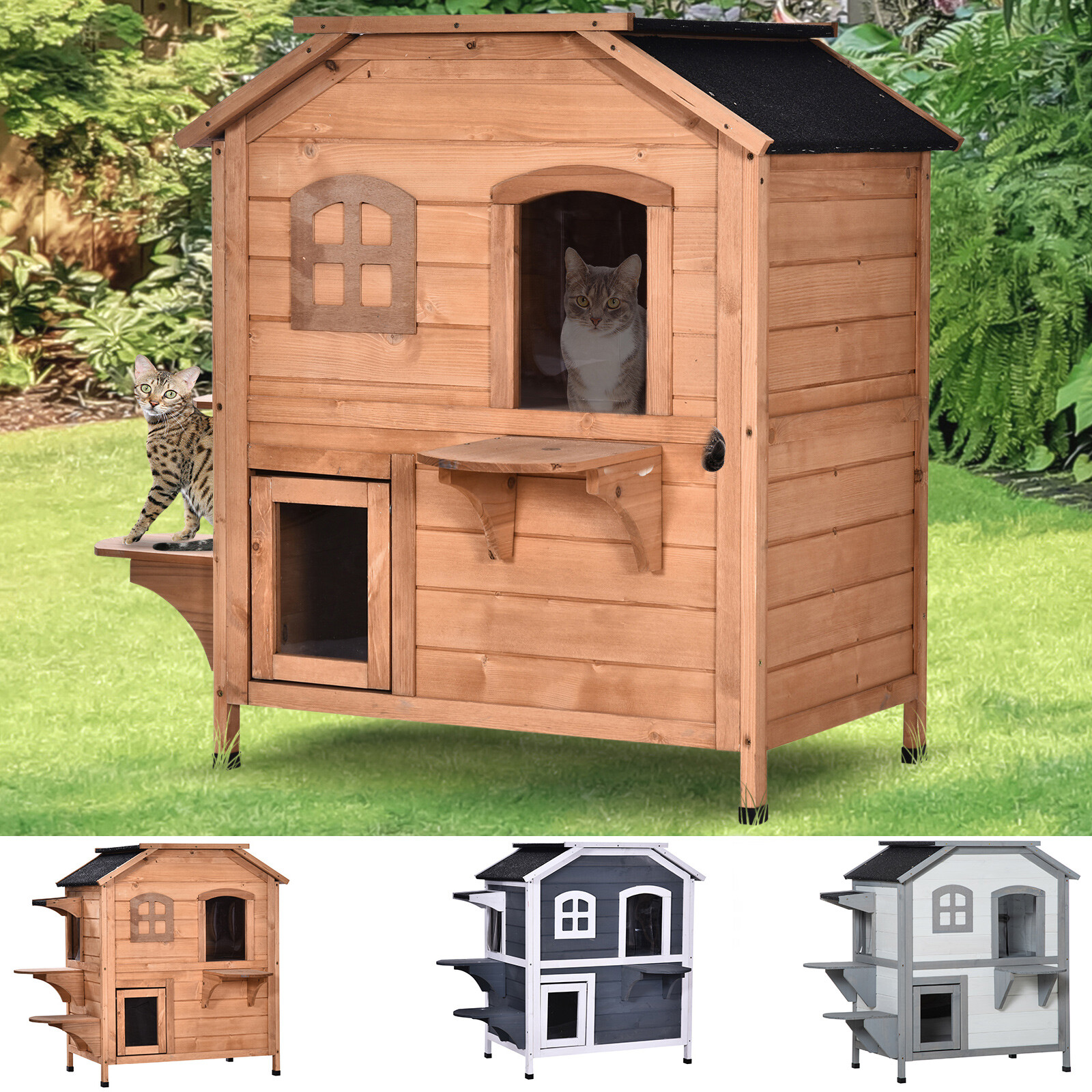 2-Story Wooden Cat Condo w/ Balcony & Doors for Indoor/Outdoor Use
