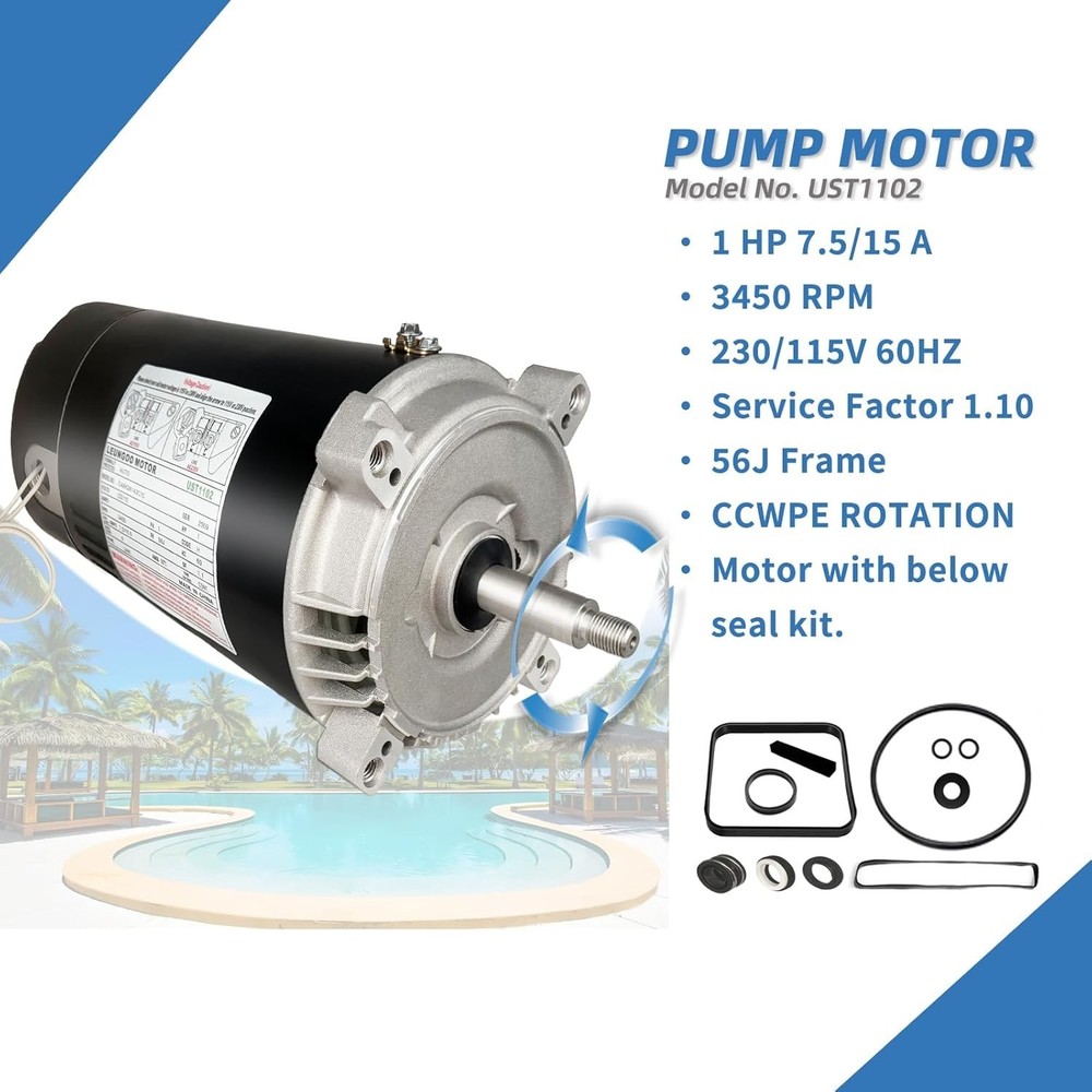 UST1102 1HP Pool Pump Motor Replacement 115/230V 56J Frame, Light Use