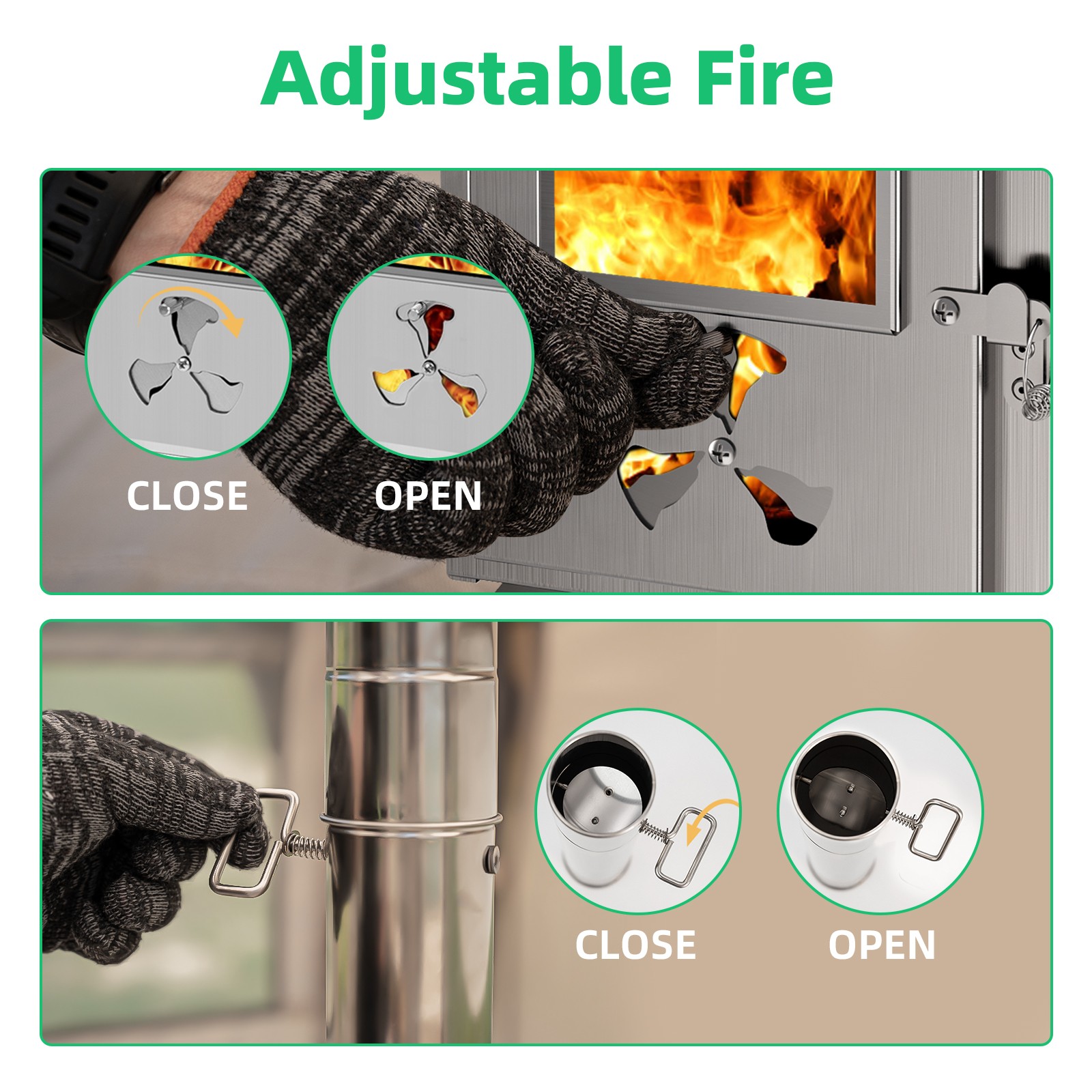 Camping Stove for Tent, Portable Stainless Steel Stove with 7 Chimney Pipes