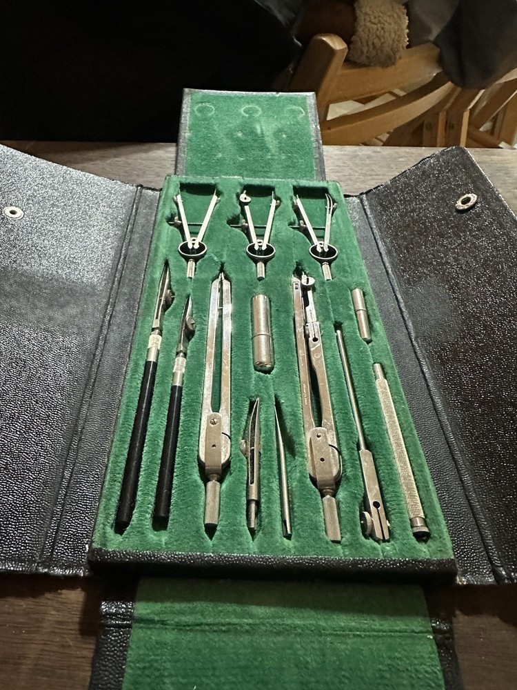 Vintage W Germany Complete kit! large Engineer Drafting Compass Set w/ Case