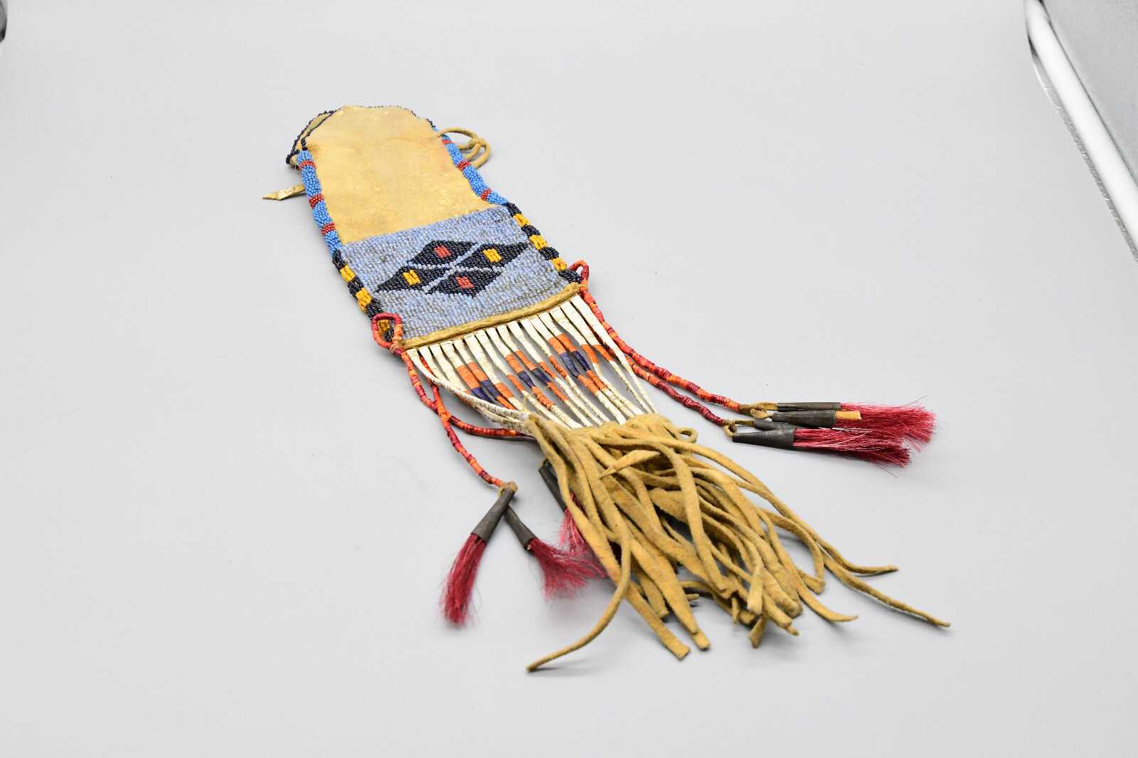 1890 Rare Arapaho Woman's Indian Society Tobacco Beaded Leather Bag 17"