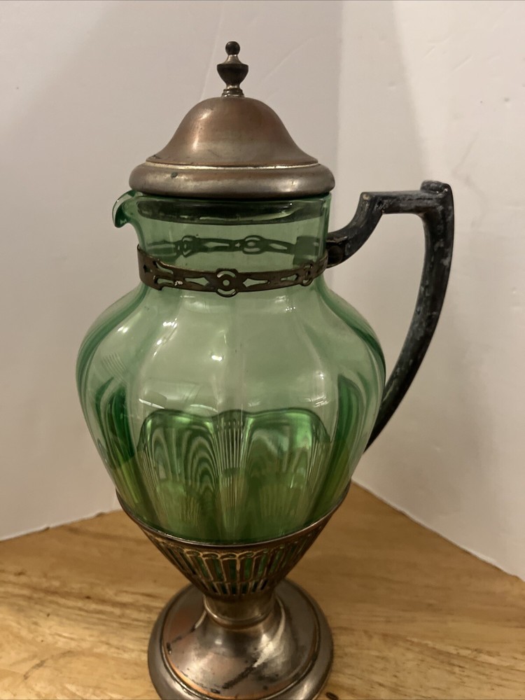 Cresent silver triple plate silver & Green glass pitcher.