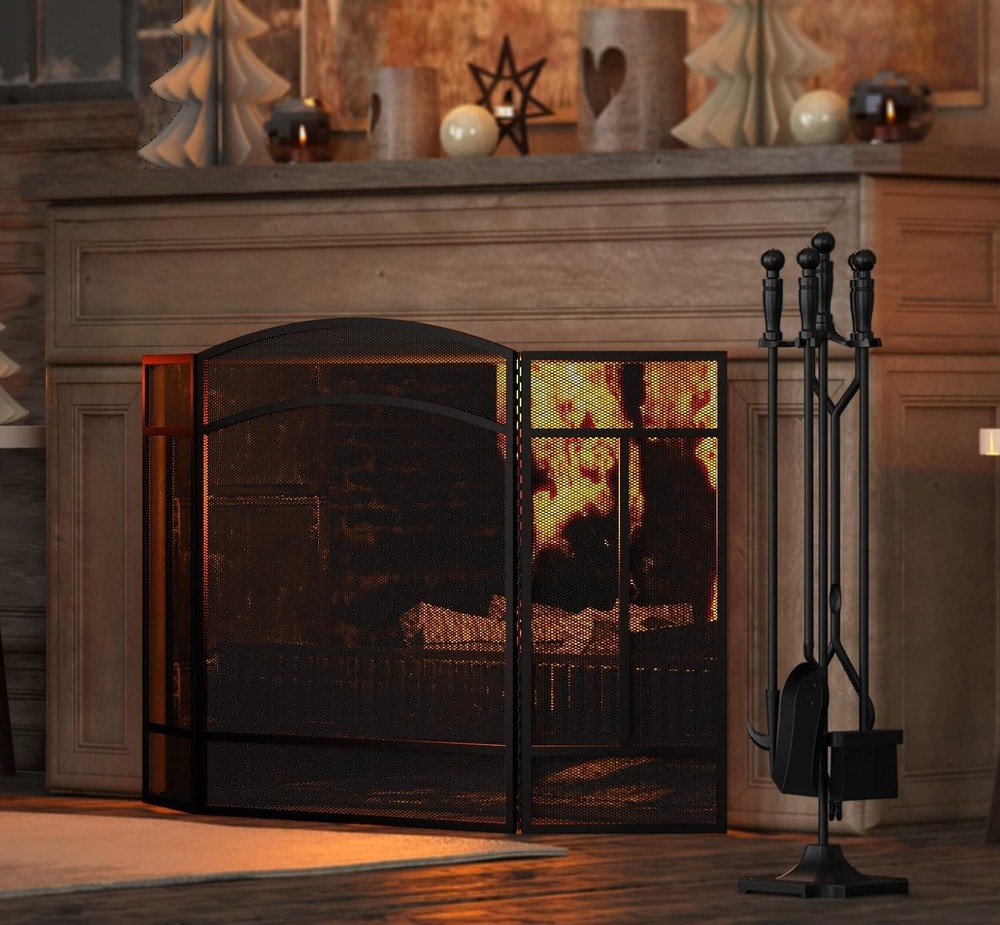 Durable Wrought Iron Fireplace Screen - 3 Panels, Foldable with Arched Top