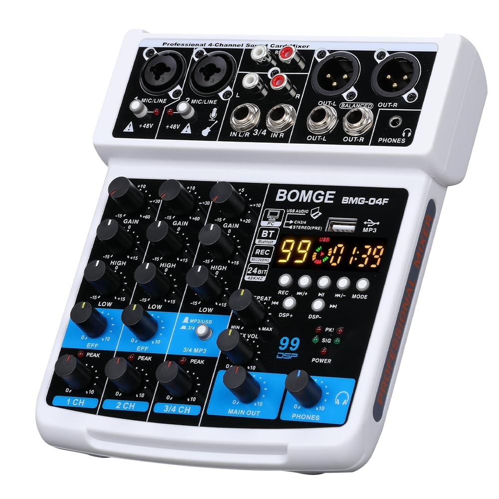 4-Channel Audio Mixer with USB, Bluetooth, 48V Phantom Power & 99 DSP