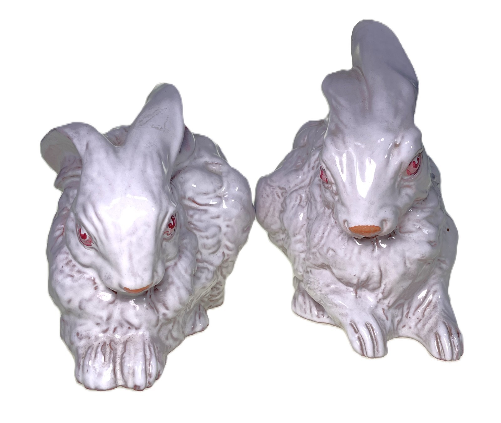 2 Italian Mottahedeh Bunny Rabbit Hare White Glazed Terracotta Easter DEFECTS