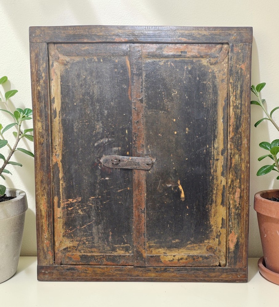 Antique Wooden Wall Décor Window Panel With Frame Original Old Rustic Painted