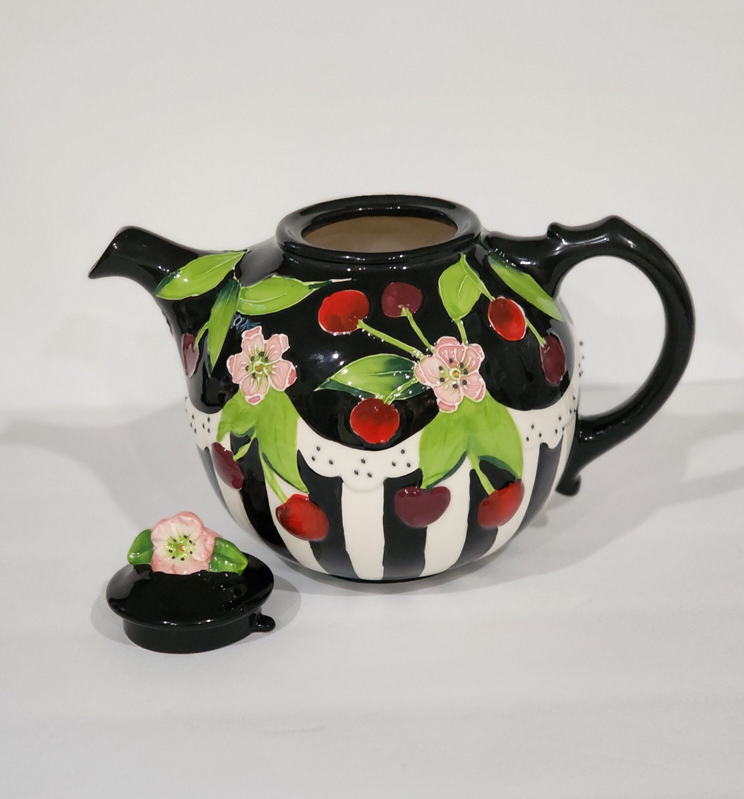 Blue Sky ICING ON THE CAKE Cherry Teapot Ceramic Floral Black White Engelbreit