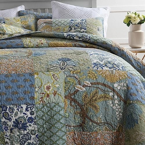 Cotton Bedspread Quilt Bedding Sets 3 Pieces King Rustic Sage Patchwork
