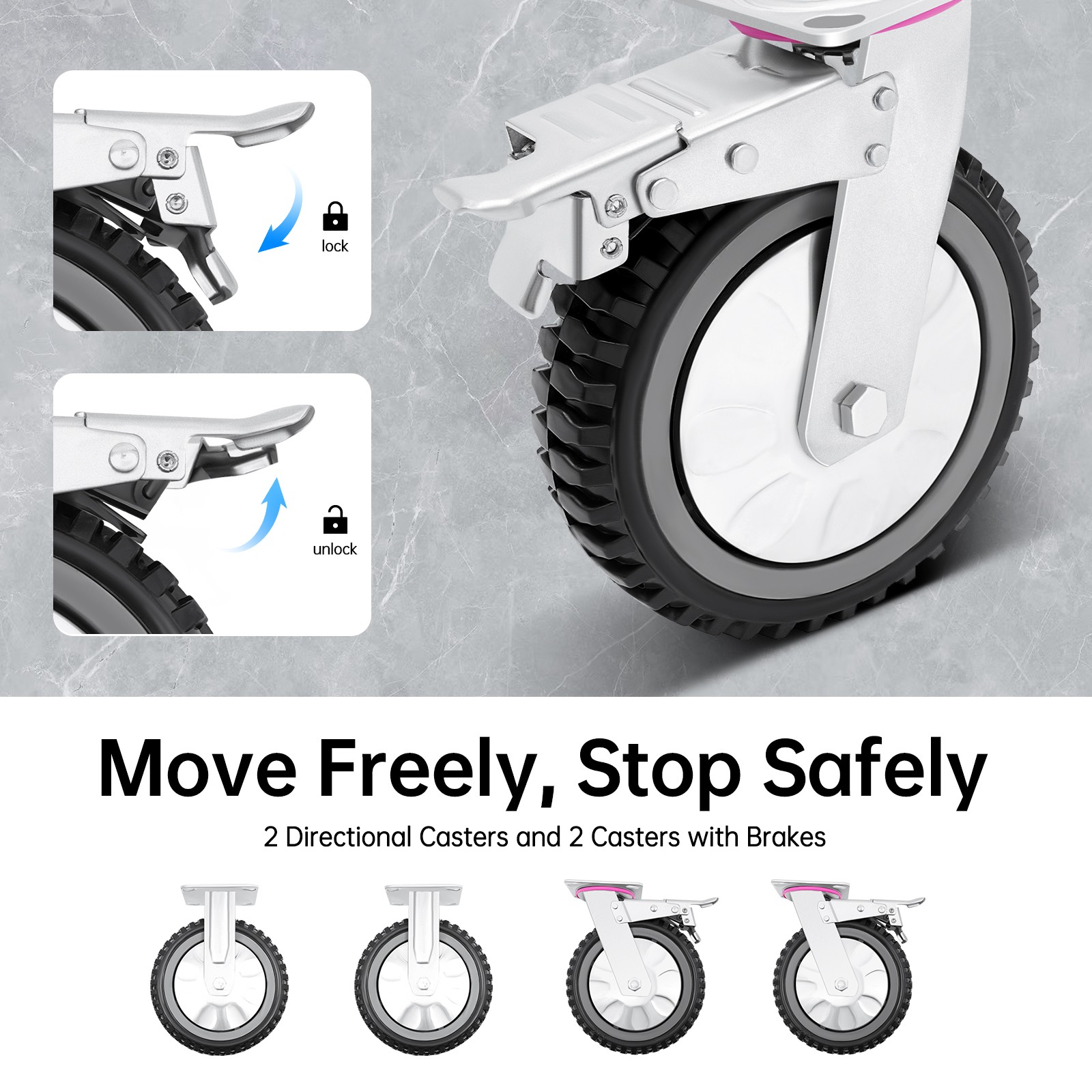 4PCs 8 inch Dustproof Handling Wheels Fixed+Brake Heavy Duty Solid Caster Wheels