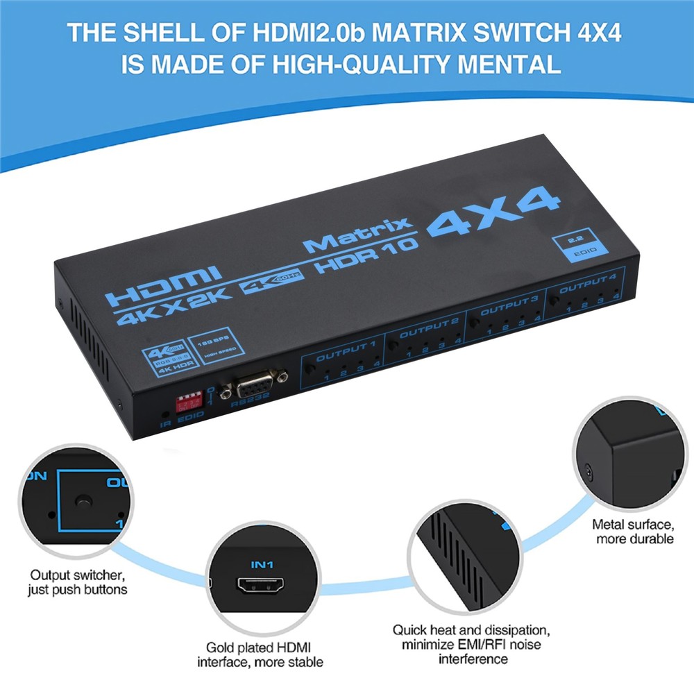 4 In 4 Out 4K HDMI Matrix Switch with EDID Extractor and IR Remote Control