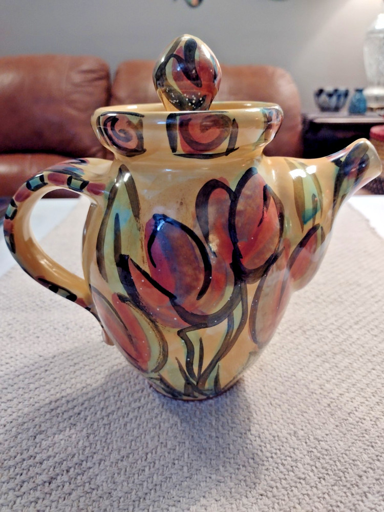 STUDIO POTTERY TEAPOT Signed 7 1/2" tall Multi Colored