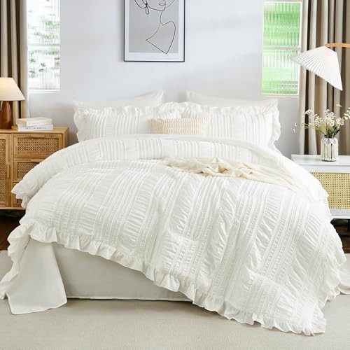 Comforter Set,7 Pieces Ruffle Comforter Set with Sheets,Textured King White