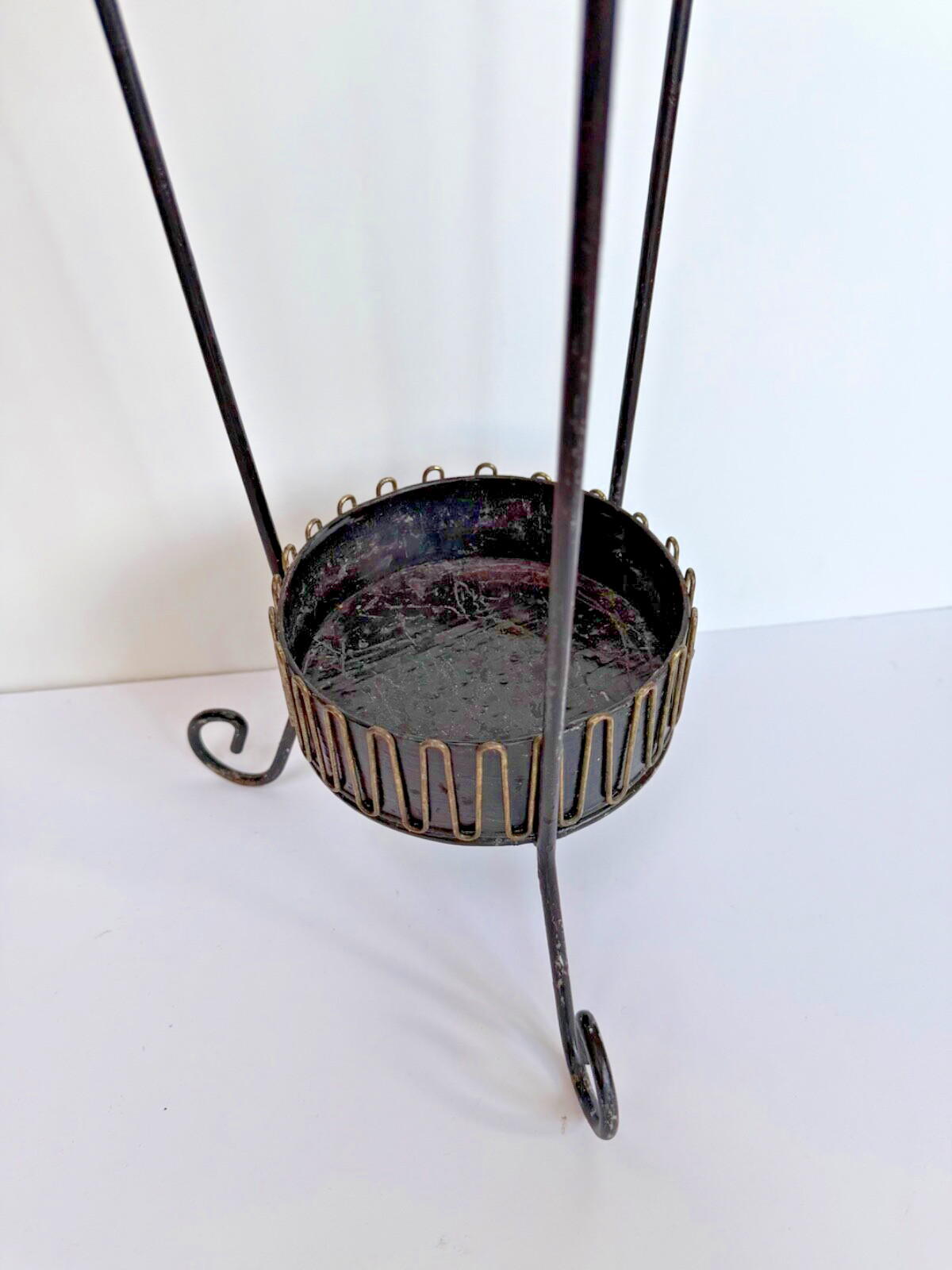 Vtg MCM Umbrella Stand cane walking-stick Holder Black Metal Gold-tone Trim 29"h