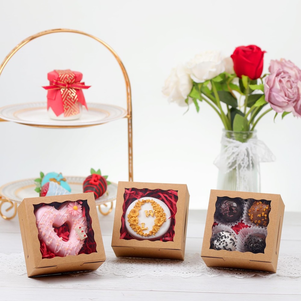 100 Pack Cookie Boxes with Window 4x4x2 Inch,Bakery Boxes, Chocolates Strawbe...