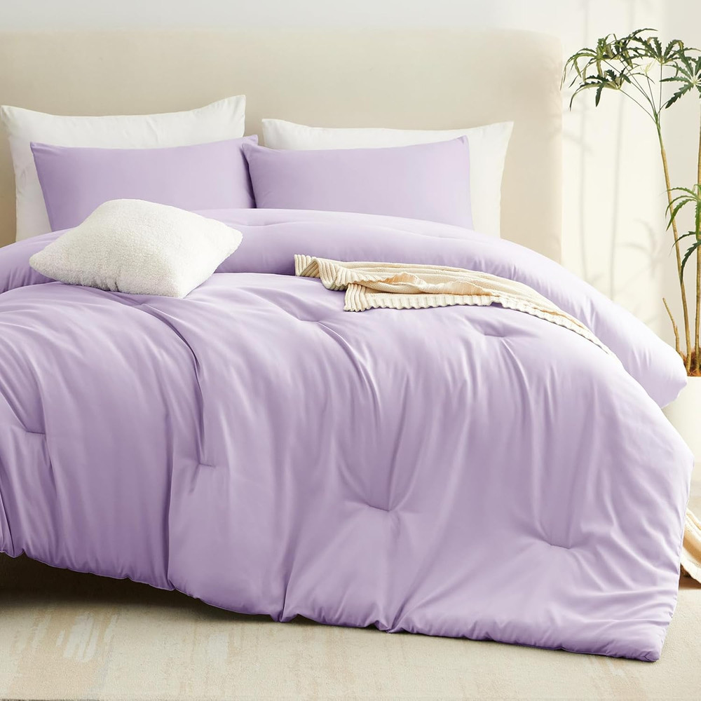 Lavender King Size Comforter Set, 3 Pieces Light Purple Solid Breathable Quilted