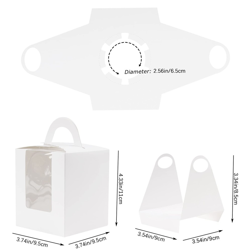 30 Pcs Individual Cupcake Boxes White Single 1 Hole with Clear Window Inserts