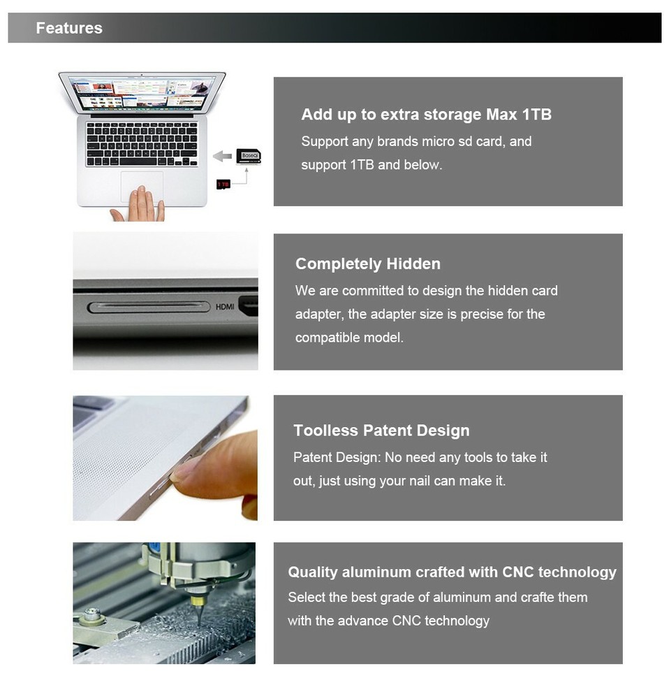 BaseQi For Microsoft Surface Book2/3 15inch Aluminum Micro sd Adapter
