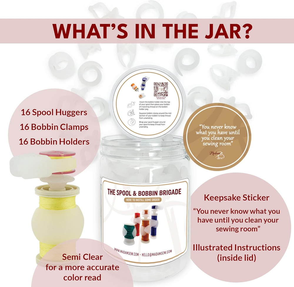 Semi Clear Thread Storage System, 48Pc Set Includes 16 Spool Huggers, 16 Bobbin