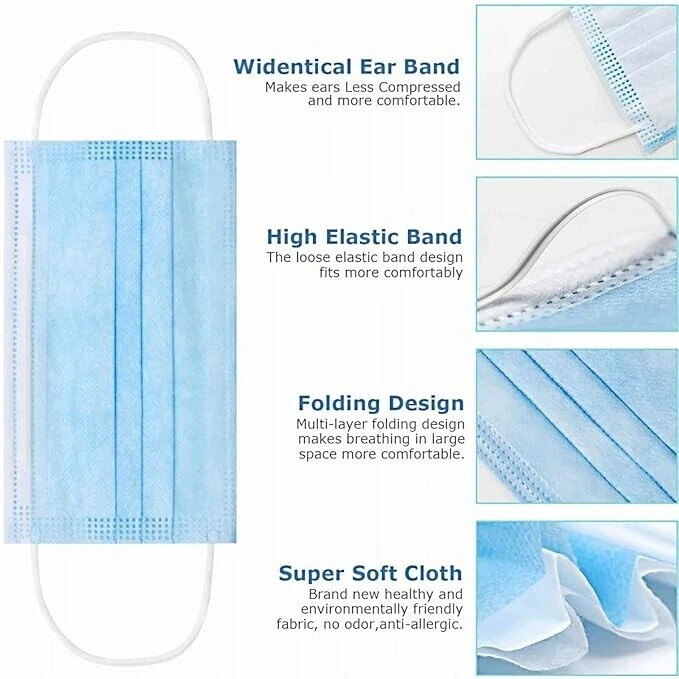 50/100 Pcs Blue Disposable Face Cover 3-Ply Filter Breathable Earloop Masks