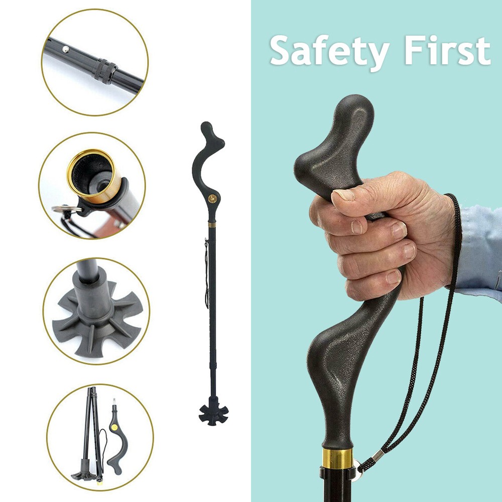 Folding Adjustable Walking Stick Cane 4 Head Pivoting Trusty Base Posture Cane