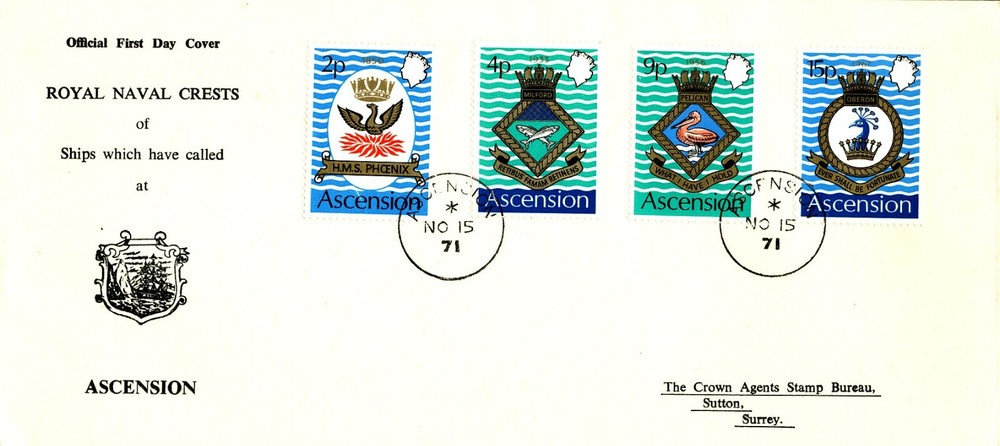 ROYAL NAVAL CRESTS 1971 ASCENSION FDC