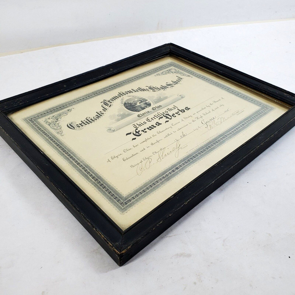 Certificate Promotion Elyria, Ohio Elementary School to High School 1925 Framed
