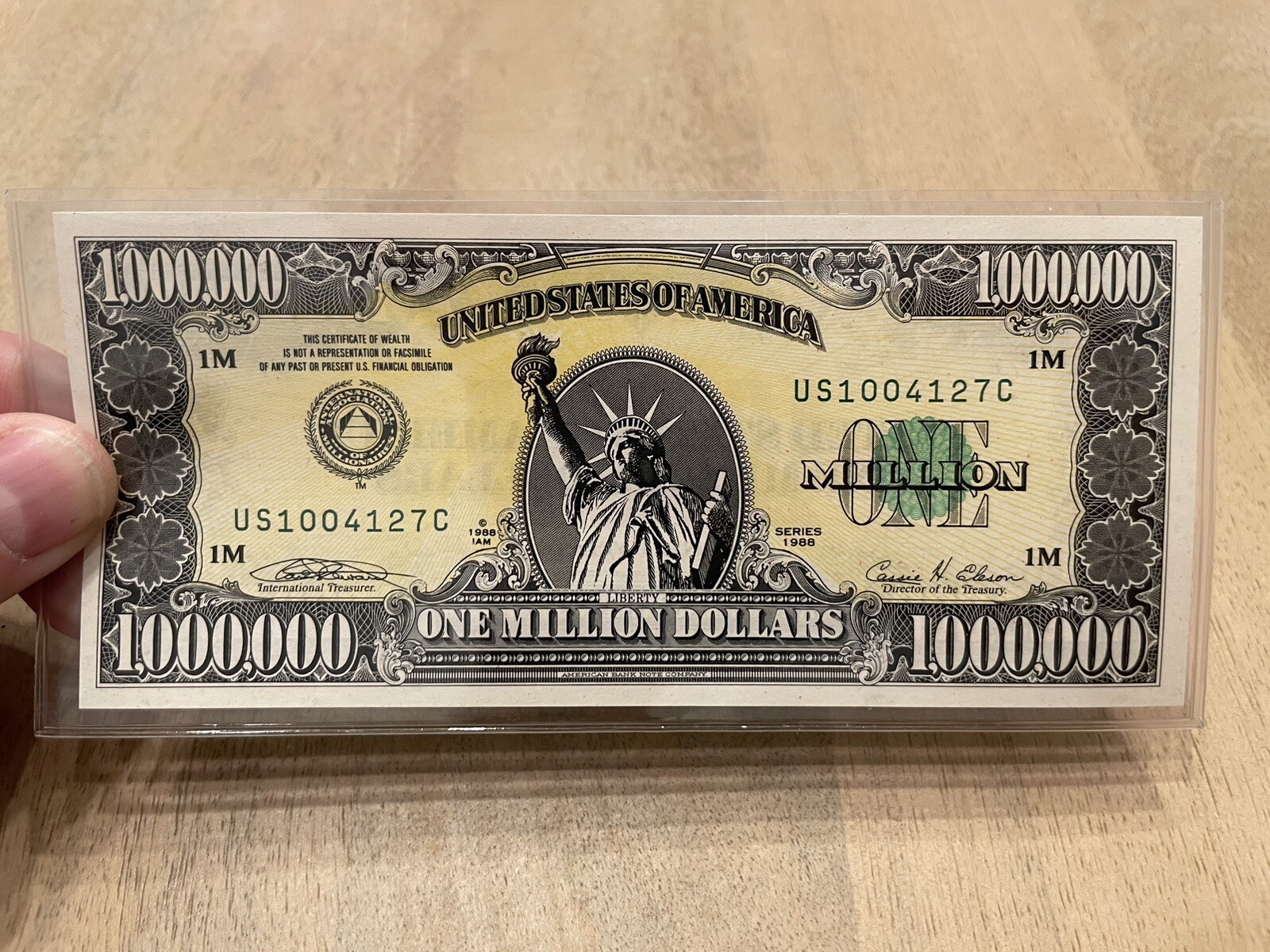 Million Dollar Bill - IAM Collector Series 1988 With Cert of Auth & Paperwork