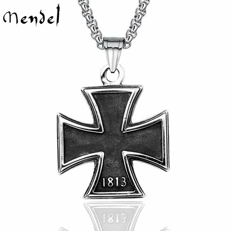 MENDEL Mens Stainless Steel 1813 1949 WW2 German Iron Cross Pendant Necklace Men