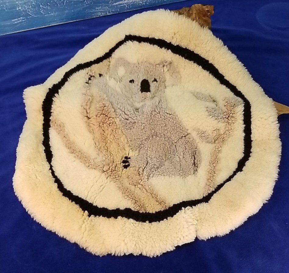 Vintage Austrailian Sheepskin Patchwork Rug Wall Hanging 19" Round Koala Bear