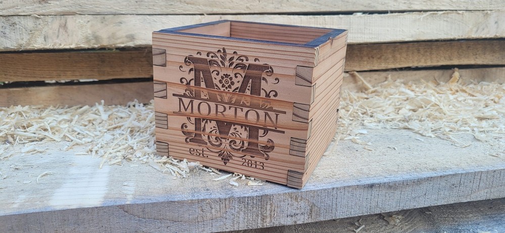 Personalized Rustic Cedar Container – Engraved Monogram with Last Name