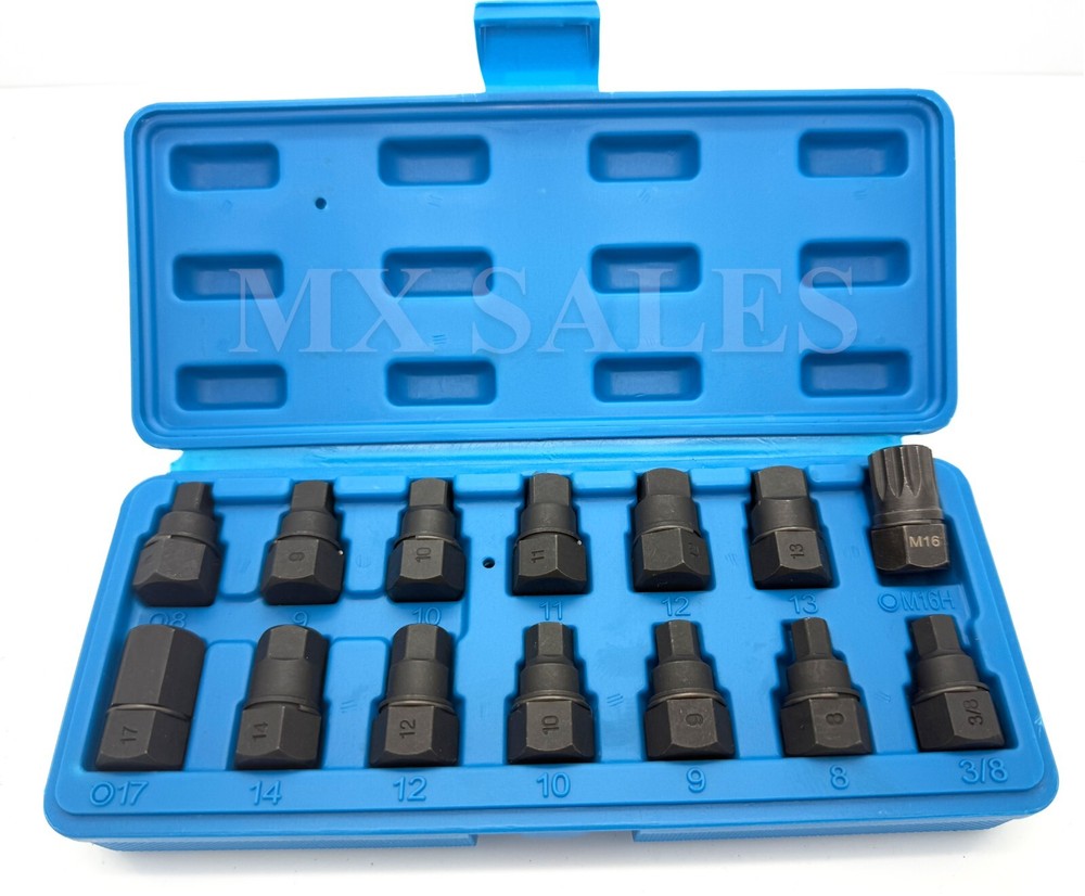 14pc Master Oil Drain Plug Key Set 3/8" Socket Drive Car Hex Square M16 Spline