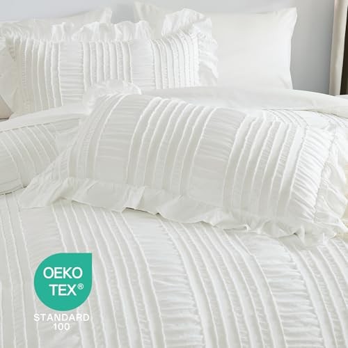 Comforter Set,7 Pieces Ruffle Comforter Set with Sheets,Textured King White