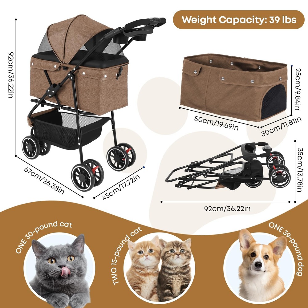 Pet Stroller,Dog Stroller for Small Medium Dogs Cats,3 Wheels,Foldable,with B...