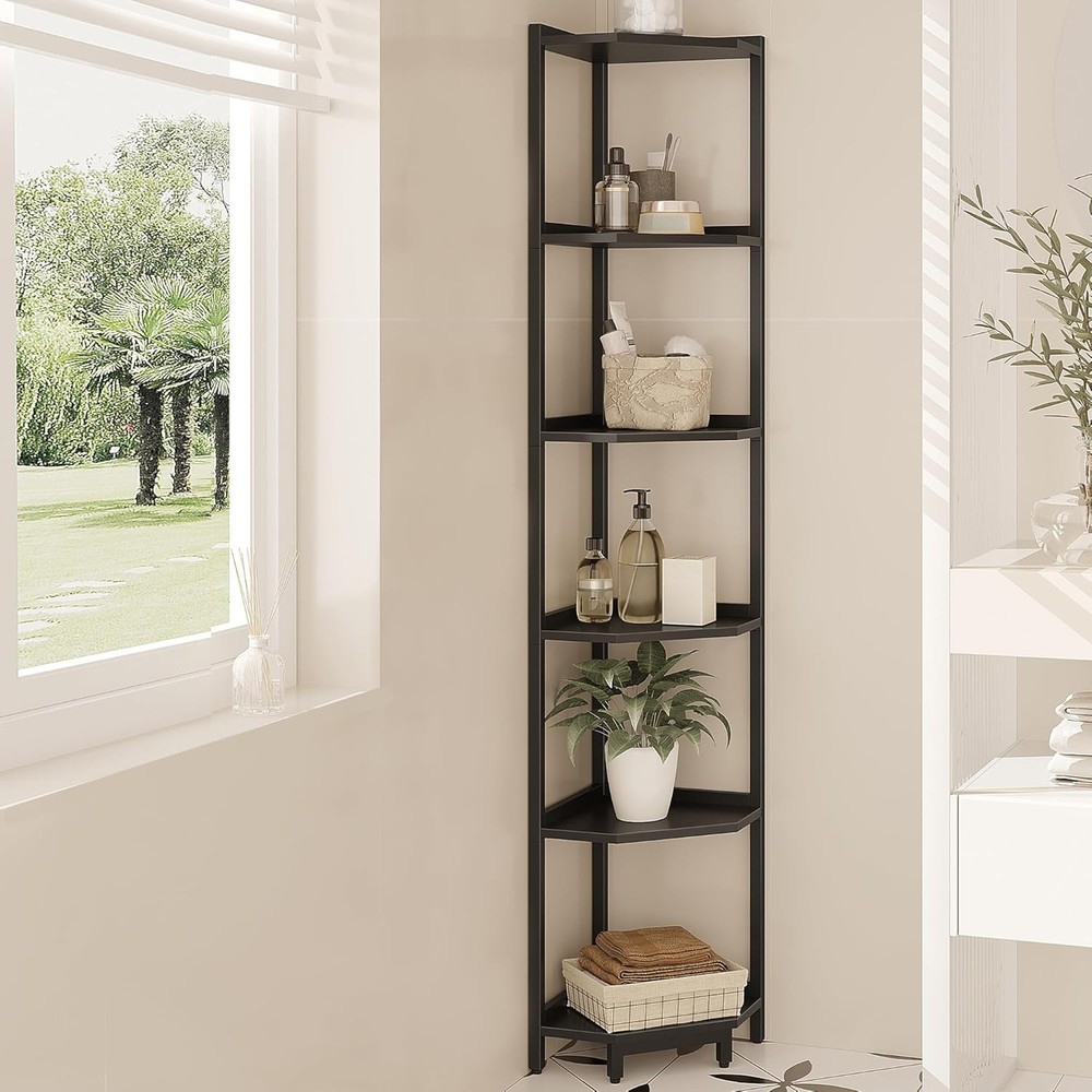 Corner Shelf Stand, Bookshelf, Storage Standing 6 Tier, Black