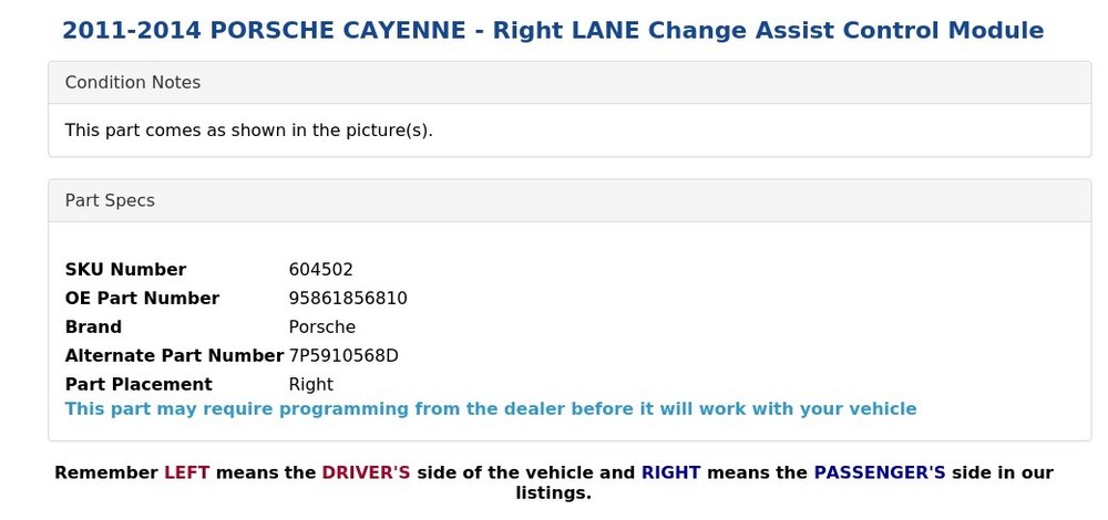 2011-2014 PORSCHE CAYENNE - Right LANE Change Assist Control Module