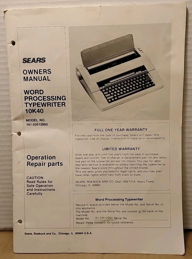 Vintage Sears Word Processing Typewriter 10K40 Instruction Manual