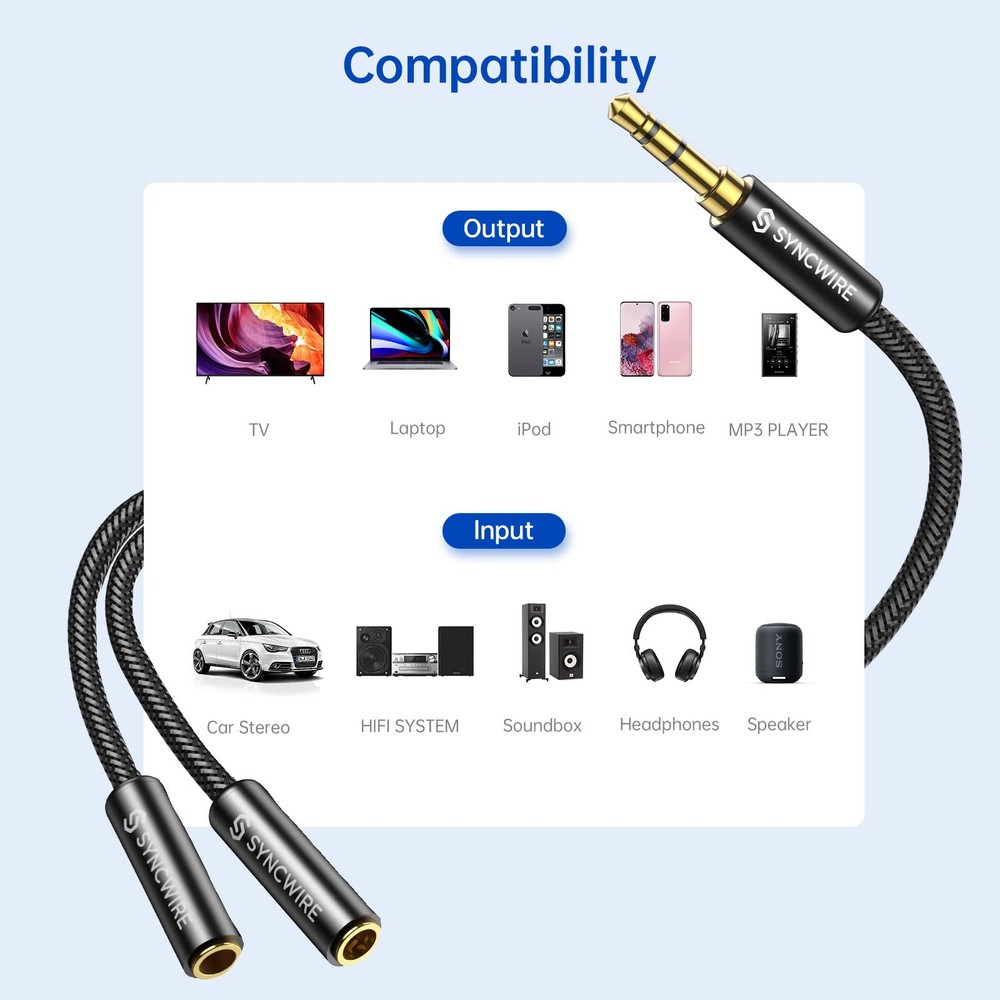 Syncwire Headphone Splitter, Nylon-Braided Extension Cable Audio Stereo Black