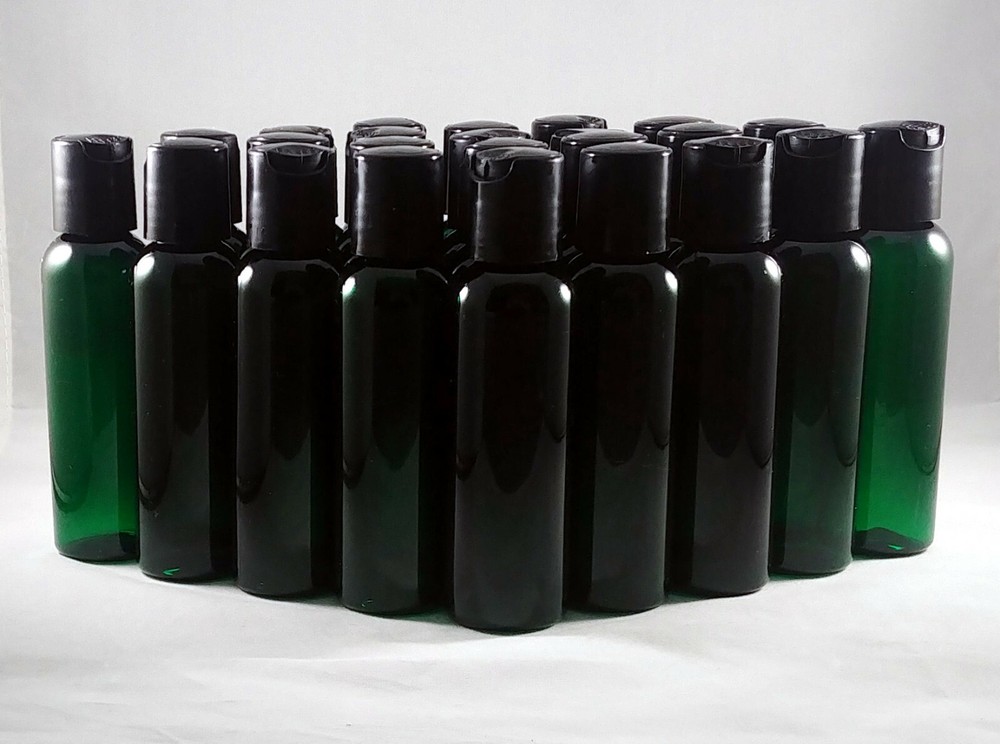 Green PET 2 oz Cosmo Round Plastic Bottles w Pump Spray or Cap, Mult Quantities