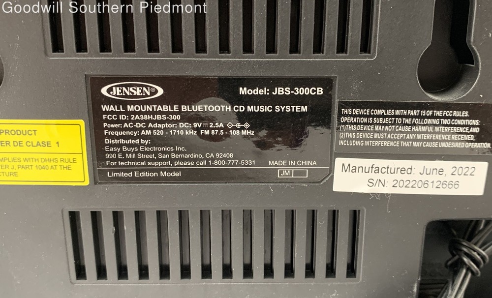Jensen JBS-300CB Wall Mountable Bluetooth CD Music System - Tested