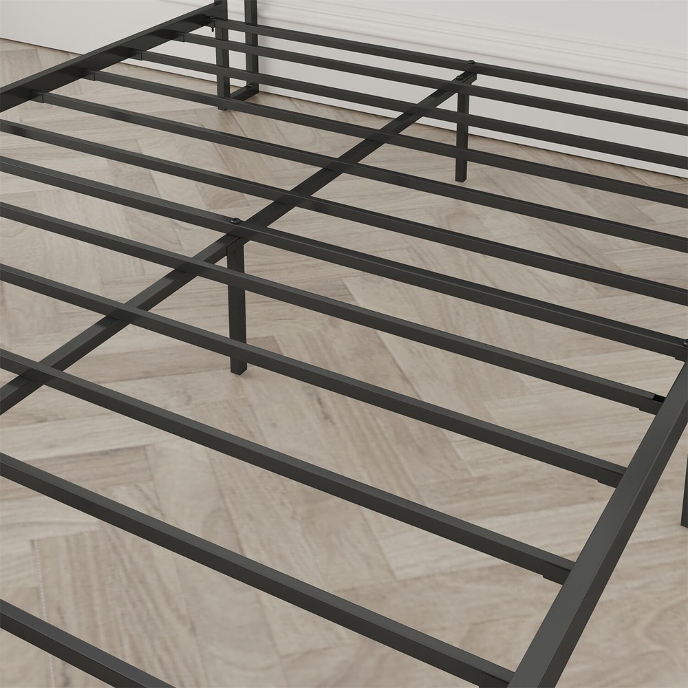 Full Size Bed Frame with Upholstered Headboard Metal Platform Bed with Outlets