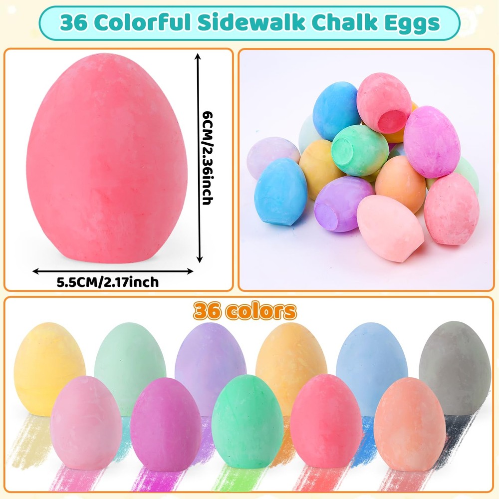 36 Pack Easter Sidewalk Chalks Bulk 36 Solid Colors Chalk Eggs for Easter Bas...