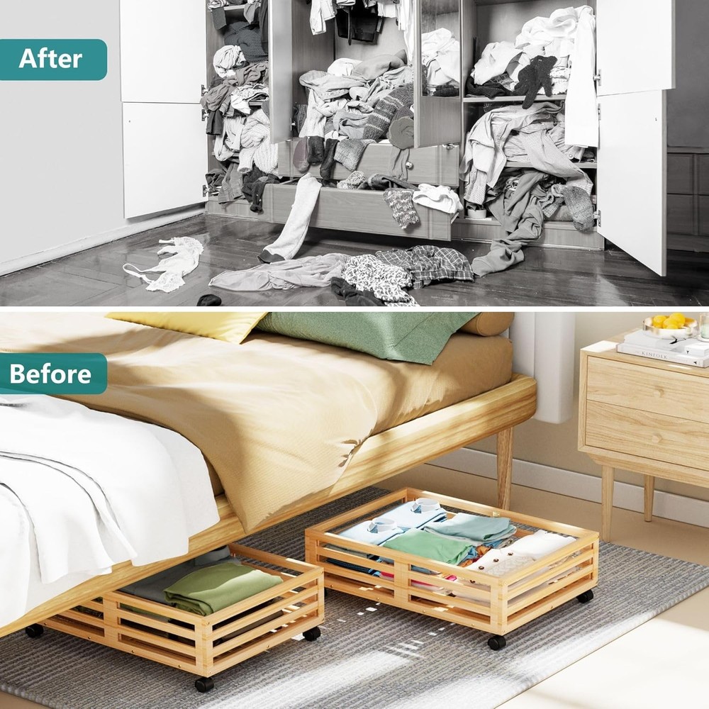 Bamboo Under Bed Storage Containers- Underbed Organizer W/ Wheels W/ Large