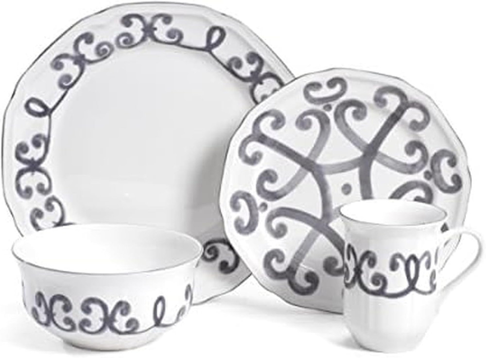 Scroll 4 Piece Place Setting Dinnerware Set, Gray/Antique White